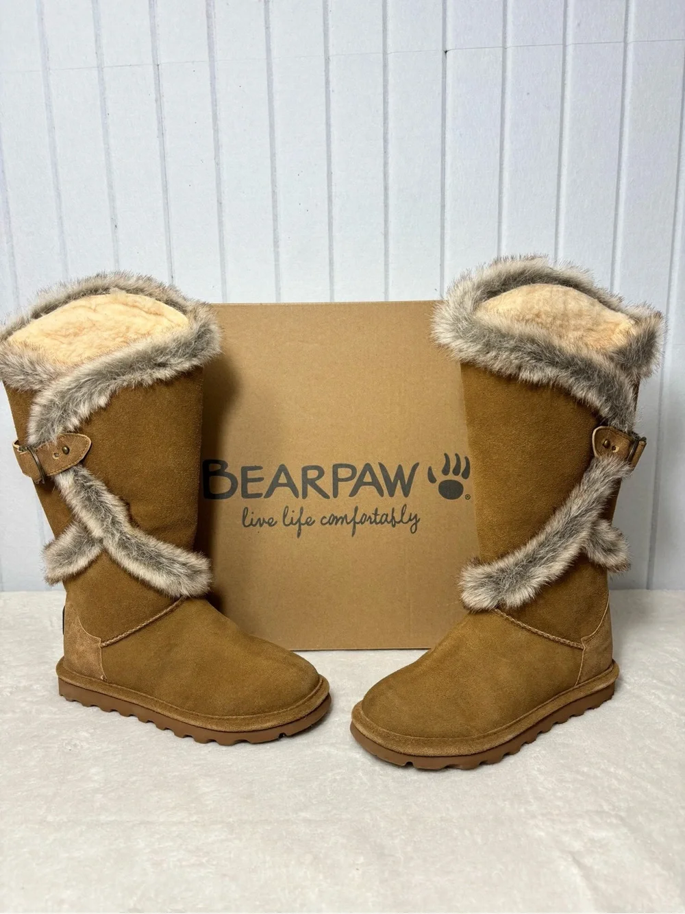 BearPaw Chestnut Suede Faux Fur Trim‎ Tall Boots Size 5